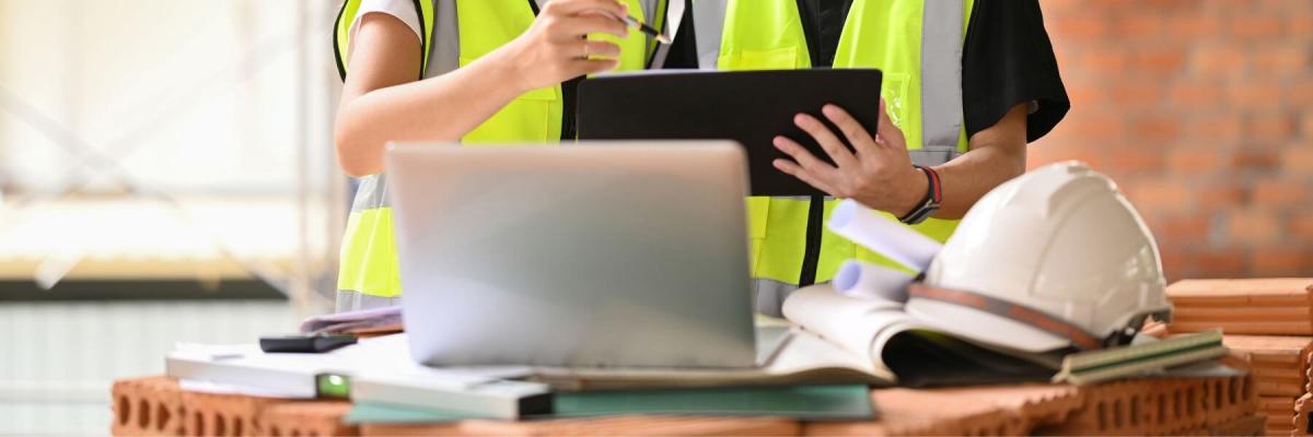 construction managers looking at tablet, laptop, physical documents
