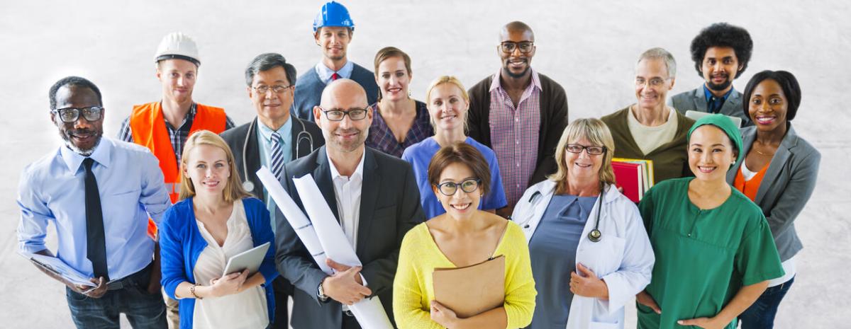 Group photo including doctors, architects, teachers, construction workers, business men and women.