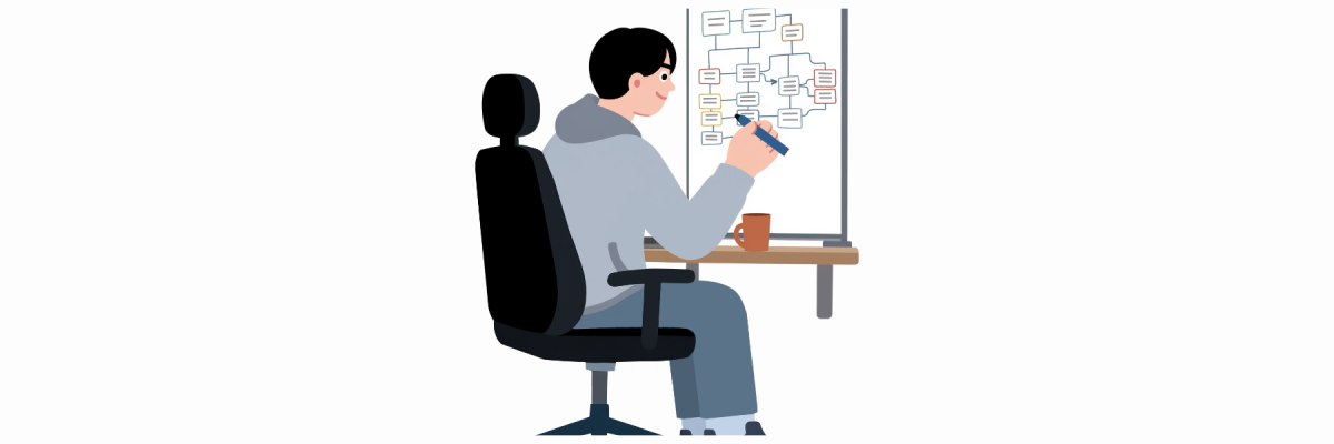 graphic of man drawing workflow on white board