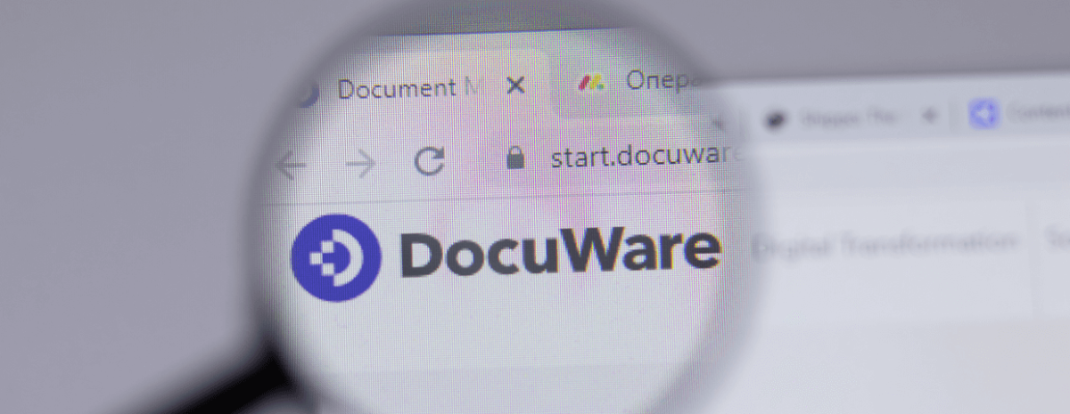 Magnifying glass hovering over DocuWare website.
