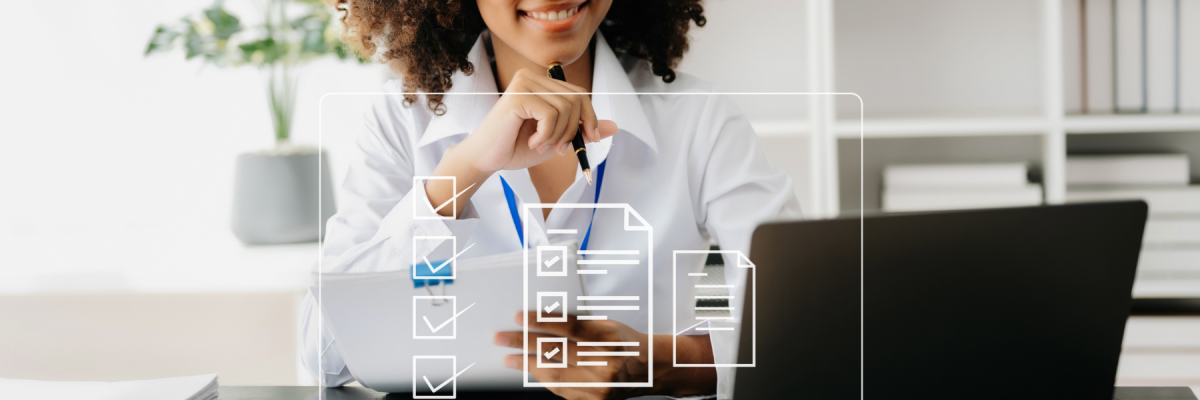 Woman smiling at form concept over laptop